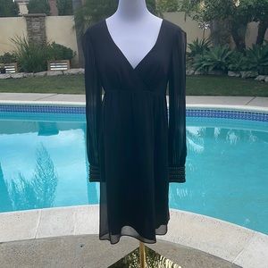 Gorgeous Trina Turk long sleeve, black V-neck dress| jeweled | sheer | 2